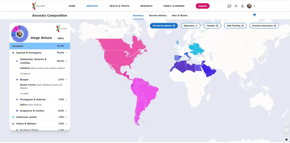 Map from the author's 23andMe ancestry composition report.